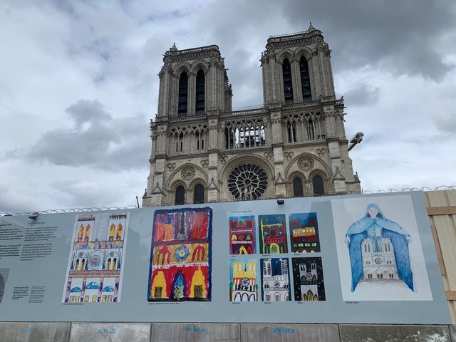 Square kid art exhibition in front of Notre-Dame de Paris. Friends of Notre-Dame de Paris is the official 501(c)(3) charity leading the international fundraising efforts to rebuild and restore Notre-Dame Cathedral.
