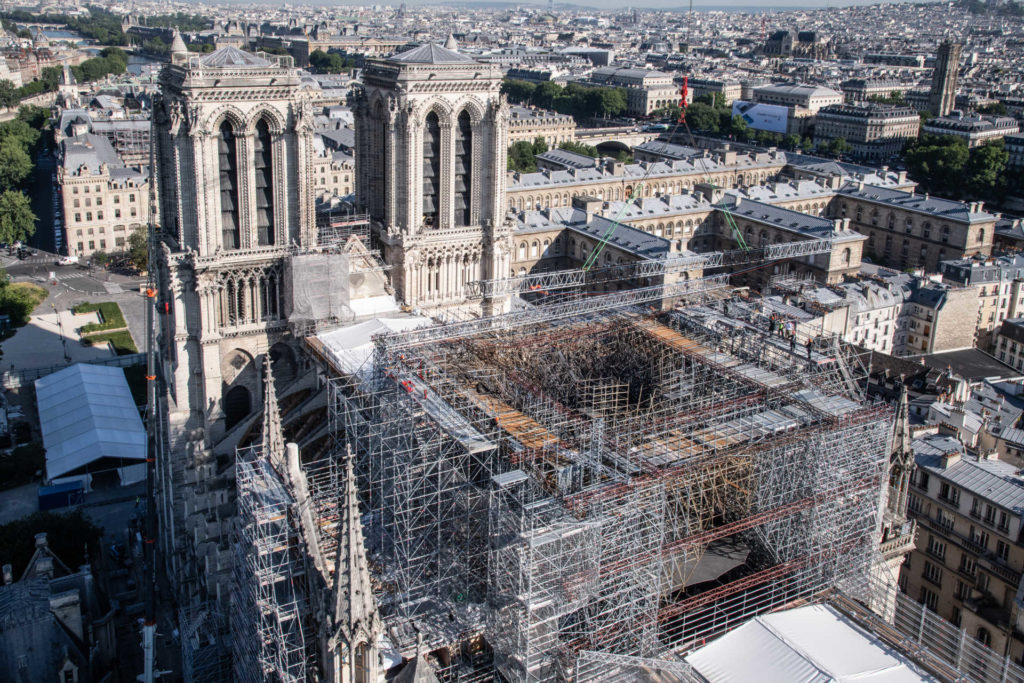 Notre Dame scaffolding from a drone video image capture