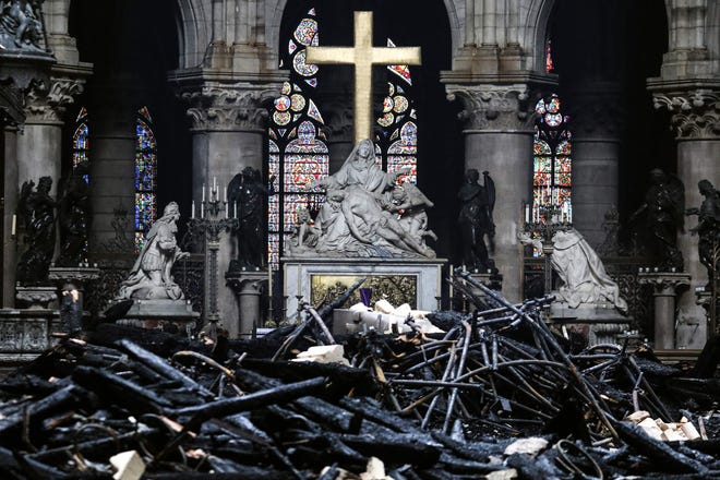 Notre-Dame Cathedral Choir Statues After the Fire. Thankfully, all three sculptures survived the fire on April 15, 2019 relatively unscathed, despite one of the rib vaults collapsing a few dozen feet away. 