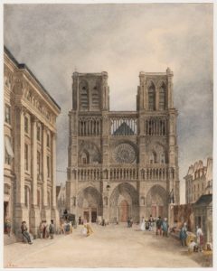 This is a drawing of Notre-Dame Cathedral. It is used to illustrate the History section on the Notre-Dame Cathedral page