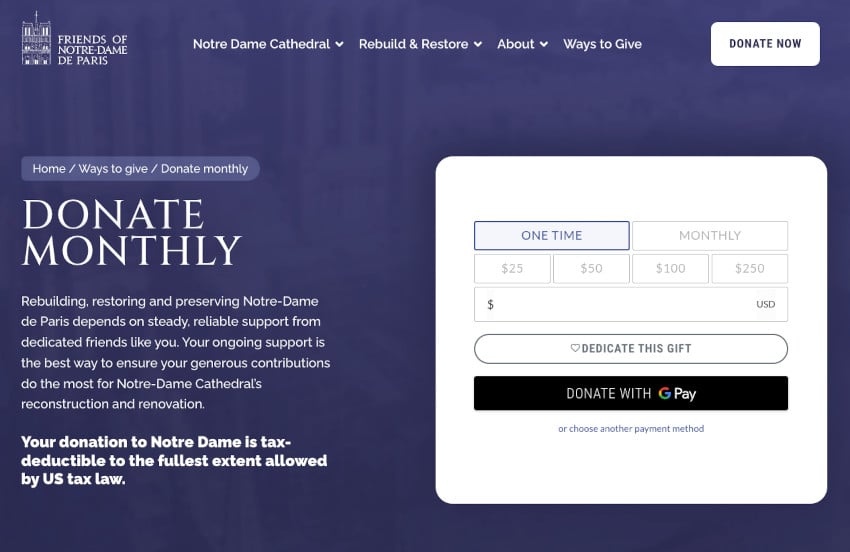 This image shows the monthly giving donation widget on the Friends of Notre-Dame de Paris website. You can give monthly to rebuild the cathedral.