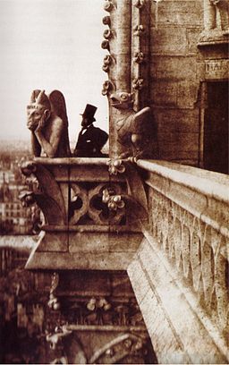 A picture taken by Charles Negre in 1853 of Henri Le Secq and the Stryge chimera on the Notre Dame de Paris. This is a faithful photographic reproduction of a two-dimensional, public domain work of art. The work of art itself is in the public domain.