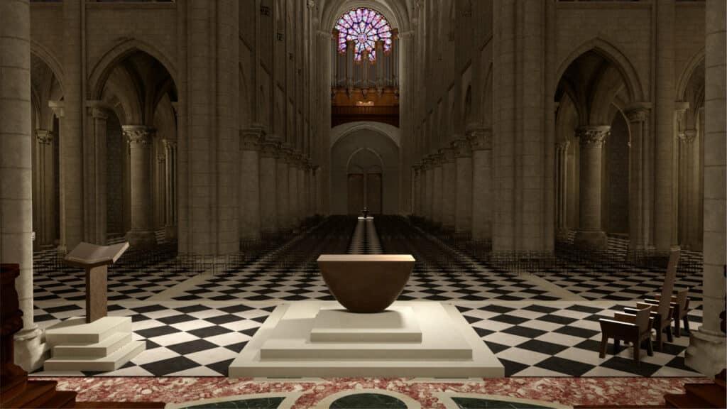 Archbishop of Paris Unveils Selection of Liturgical Furnishing for Notre-Dame Cathedral post: Image: View of Guillaume Bardet’s liturgical furnishings inside the Cathedral of Notre Dame. Source: DR